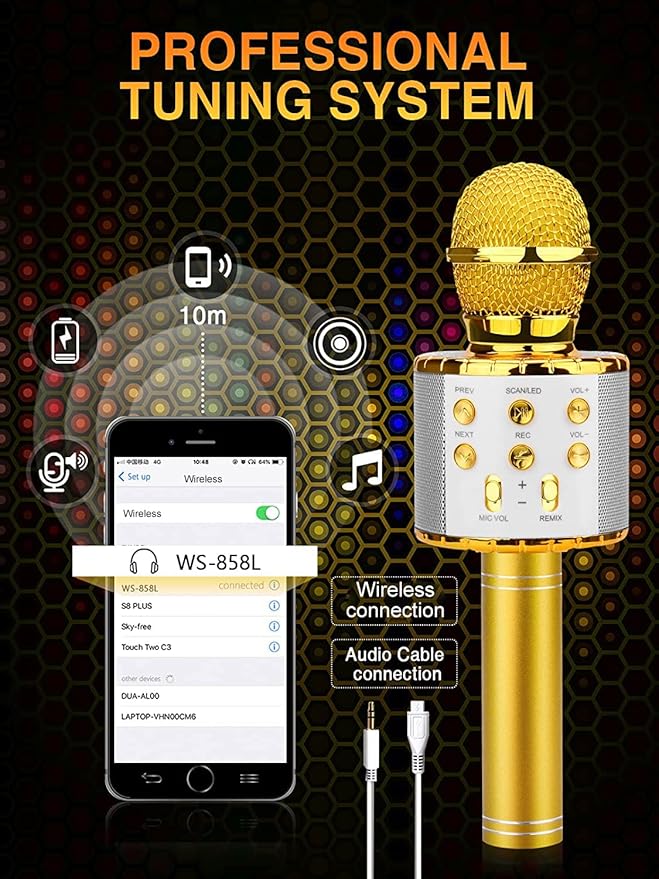 BlueFire 4 in 1 Karaoke Wireless Microphone with LED Lights, Portable Microphone for Kids, Great Gifts Toys for Kids, Girls, Boys and Adults (Gold)-CubbioJoy