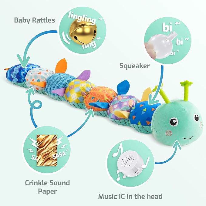 Sumobaby Baby Toys Musical Caterpillar, Stuffed Animal Activity Soft Toys with Teether,Multi-Sensory Crinkle, Rattle and Textures, for Tummy Time Baby Toys 0 to 12 Months Boys,Girls,Caterpillar(Blue)-CubbioJoy