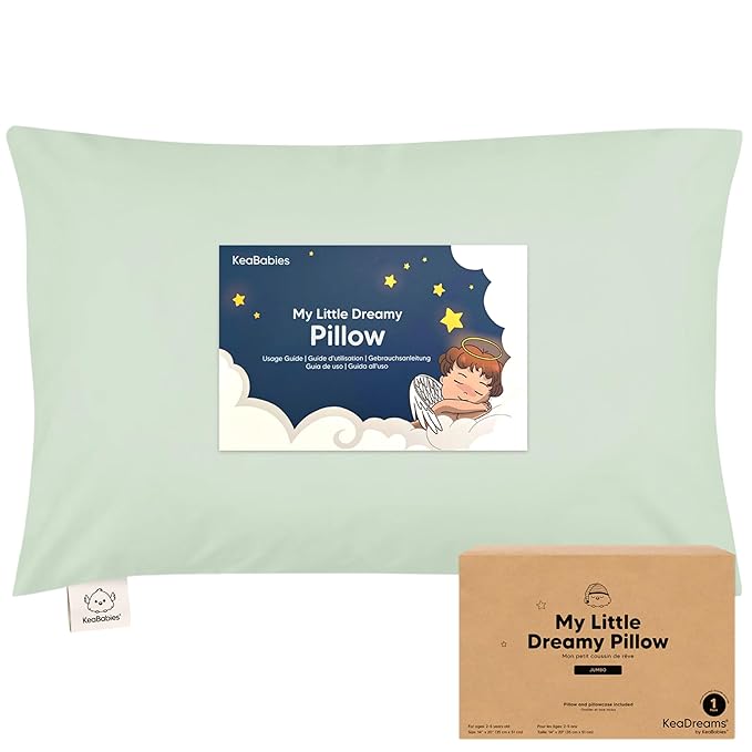 KeaBabies Toddler Pillow with Pillowcase, Jumbo 14X20 - Soft Organic Cotton Toddler Pillows for Sleeping - Machine Washable - Perfect for Travel, Toddler Bed Set (Sage)-CubbioJoy