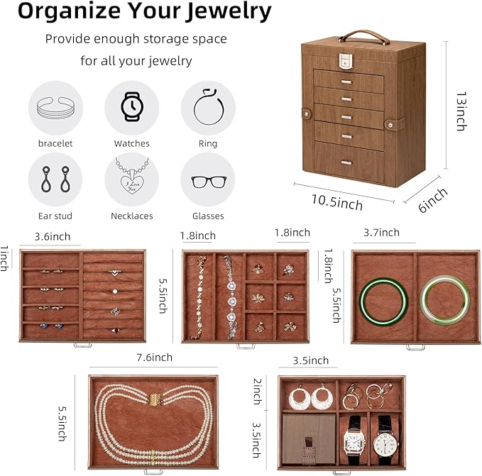 6 Tier Jewelry Box, Jewelry Case with 5 Drawers, Large Storage Capacity, with Mirror, Lockable, Jewelry Storage Organizer, Gift for Loved Ones-CubbioJoy