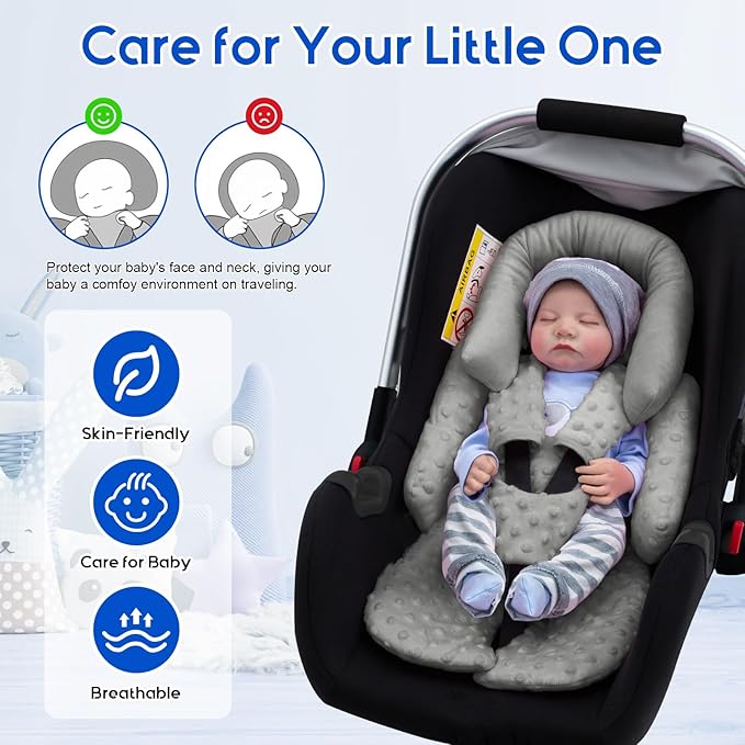 Baby Car Seat Head Support for Doona Stroller, Thickened Infant Carseat Head Support with 3 Strap Covers, Reversible Car Seat Insert for Newborn, Baby Car Seat Cushion with Filled Natural Cotton-CubbioJoy