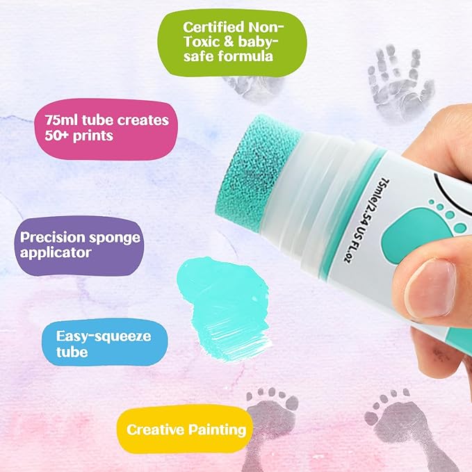 75ml Mint Green Baby Hand and Footprint Ink Kit, Baby Handprint Footprint Paint for Newborn Keepsake, Dog Cat Paw Print Kit, Washable, Non Toxic Acid-Free, Safe Gentle for Ideal New Mom Gifts-CubbioJoy