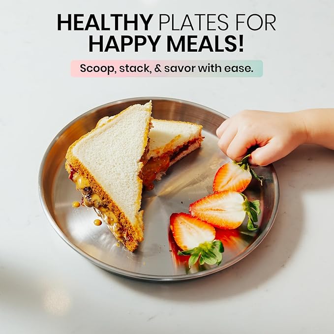 Children's 304 Stainless Steel Four (4) Piece Plate Set, 21 cm, Matte Finish, Plates for Kids, Toxin Free Stainless Steel Dinnerware Set, Non-Divided Plates, 100% BPA Free-CubbioJoy