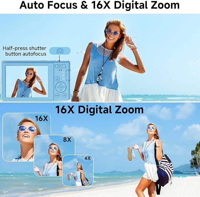 Digital Camera, FHD 4K 44MP Digital Camera, 16X Digital Zoom, Digital Point and Shoot Camera with 3-LED Fill Lights, 64GB SD Card, Compact Camera for Kids Teen Boys Girls, Blue-CubbioJoy