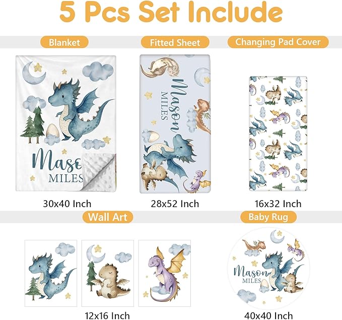 Custom Baby Crib Bedding Set, 5 Pcs Personalized Name Baby Crib Sets for Infant Toddler, Blue Dinosaur Nursery Bedding Set for Baby Boy, Double Layer Baby Bedding Sets Customized Gifts-CubbioJoy