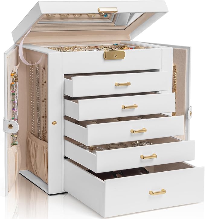 AKOZLIN Large 6-Tier Jewelry Box Lockable Leather Jewelry Storage Case with 5 Drawers for Women Girls Ring Necklace Earring Bracelet Holder Organizer with Mirror-CubbioJoy