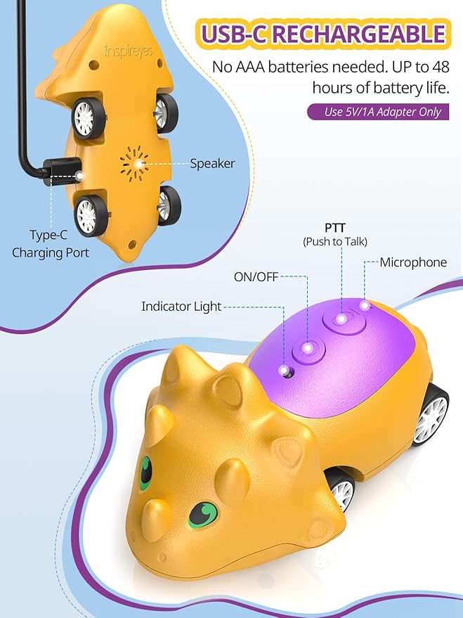 Dinosaur Walkie Talkies for Kids Rechargeable, Dino Toy Cars for Boys & Girls Ages 3-7, Crystal-Clear Audio, 48H Play, Fun Indoor & Backyard, Birthday Xmas Gifts for Toddler, 2 Pack-CubbioJoy