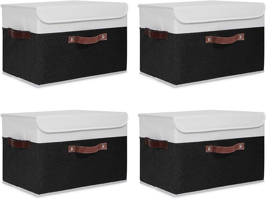 ANMINY 4PCS Storage Boxes with Lid Washable Decorative Storage Bins Basket with PU Leather Handle Foldable Linen Fabric Storage Cubes Containers for Home Closet Organizer - Black White, Large Size-CubbioJoy