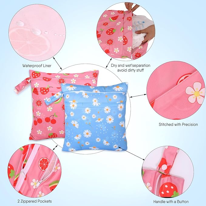 2pcs Cloth Diaper Wet Dry Bags, Waterproof Reusable Wet Bag with 2 Zipper Pockets & Handle, Washable Laundry Bags for Baby Adult Clothes Travel Beach Pool Daycare Yoga Gym Exercise Swimsuits,-CubbioJoy
