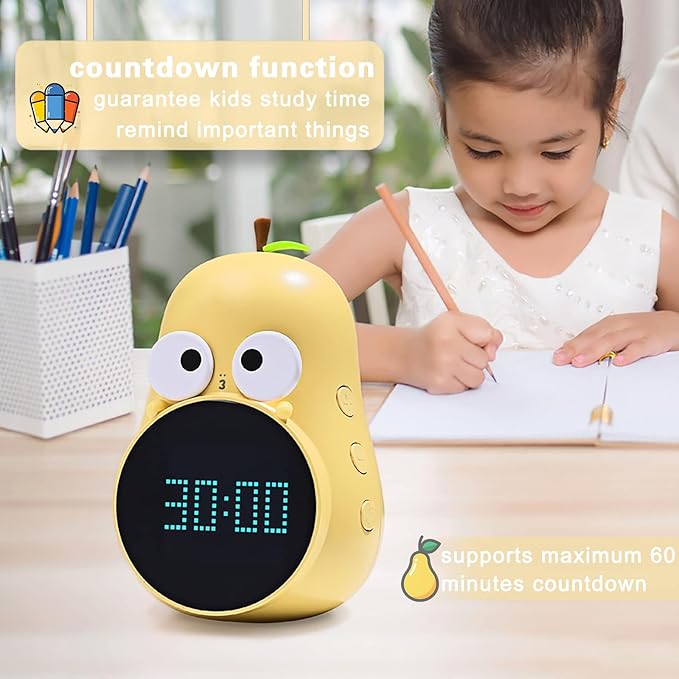 Kids Alarm Clock for Girls Pear Alarm Clock with Snooze Toddler Sleep Training Clock for Bedroom Home Office(Yellow)-CubbioJoy