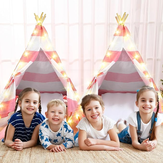 6 Pack Sleepovers Teepee Tent for Kids Bulk with Mattress Sheet Light,Natural Cotton Washable Indoor Play Tent for Birthday Slumber Party Girls Boys Pajama Movie Night Supplies(Pink, White)-CubbioJoy