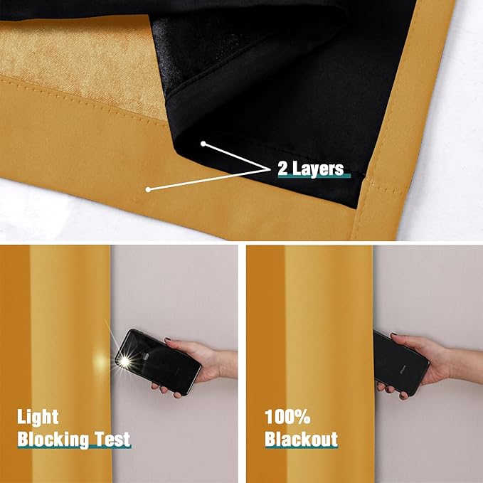 ChrisDowa 100% Blackout Curtains 80 inch Long for Bedroom with Black Liner, 2 Thick Layers Total Blackout Thermal Insulated Grommet Window Curtains 2 Panels Set (Mustard Yellow, 52 x 80 Inch)-CubbioJoy