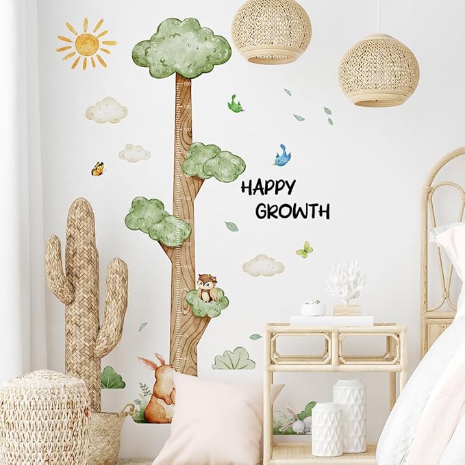 3D Cartoon Height Growth Chart for Kids Wall Stickers Removable DIY Jungle Animals and Plants Height Sticker Peel and Stick Sun White Clouds Wall Art Decor for Nursery Kids Bedroom Living Room-CubbioJoy