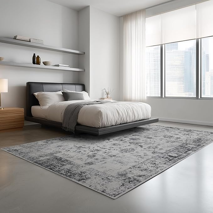 9x12 Area Rug Living Room Rugs, Stain Resistant Washable Rug, Vintage Large Non-Slip Backing, Low Pile Lightweight Print Rug for Bedroom Dinning Room Home Office (White/Grey)-CubbioJoy