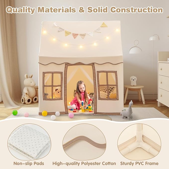 INFANS Kids Play Tent with Washable Mat Star Light Windows, Anti-Trip Large Playhouse Toys for Children Boys Girls, Indoor Outdoor Princess Tents Castle for Toddlers (Beige)-CubbioJoy