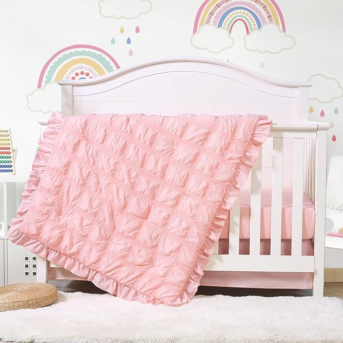 Cloele 3 Pieces Crib Bedding Set for Girls,Standard Size Pink Ruffled Nursery Crib Baby Bedding Set Includes Comforter Fitted Sheet Crib Skirt -Girls Solid Seersucker Ruffle Quilt-CubbioJoy