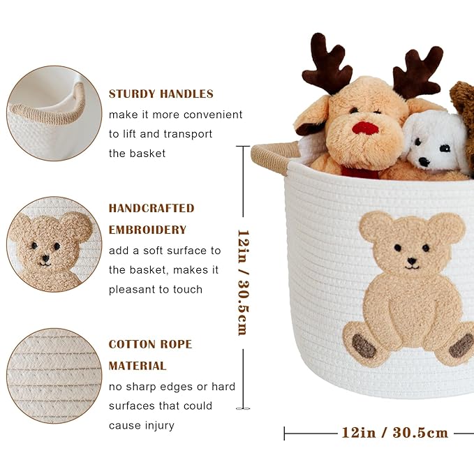INough Cotton Rope Basket Toy Storage Baskets for kids Laundry Hamper, Gift Basket Empty Baby Shower Baskets with Handles, Cute Bins Blanket Stuffed Animal Storage for Nursery, Living Room Decor, Bear-CubbioJoy