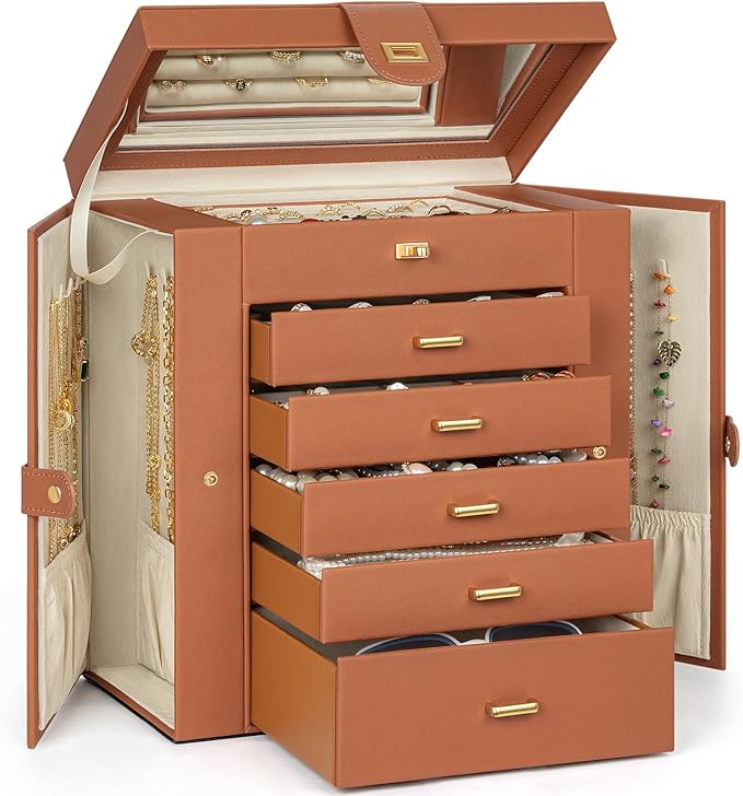 AKOZLIN Huge Jewelry Box Organizer Functional Large Leather Jewelry Storage Case for Women Girls Ring Necklace Earring Bracelet Holder Organizer with Mirror-CubbioJoy