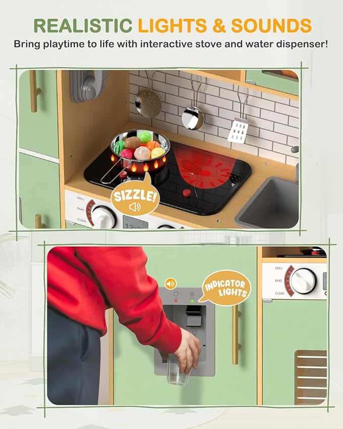 Babytronic Wooden Kitchen Playset for Kids, Interactive Play Kitchen with Lights & Sounds, Children Pretend Toy Kitchen Set with Faucet, Oven, Microwave, Kitchenware for Toddlers Ages 3+ (Green&Wood)-CubbioJoy