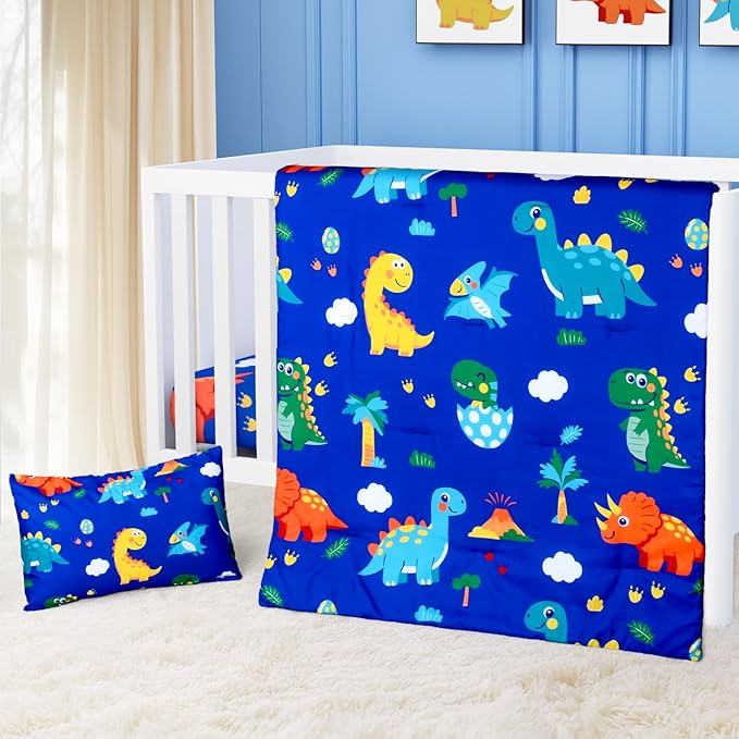 Cloele Crib Bedding Set for Boys Girls- 3 Piece Dinosaur Baby Bedding Set Soft Comforter Bed Set Includes Toddler Pillowcase Crib Sheet Baby Quilt - Nursery Bedding Set for Boys-Colorful Dinosaur-CubbioJoy