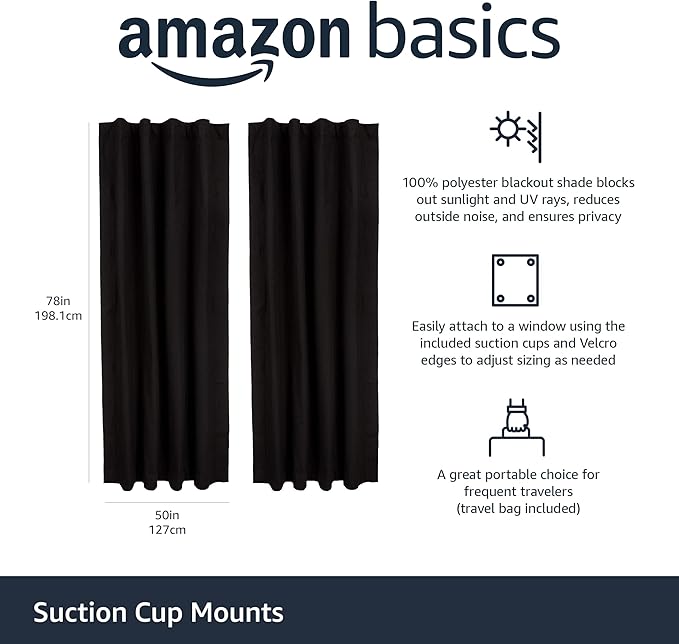 Amazon Basics Portable Blackout Curtain Shade with Suction Cups, 50"W x 78"L, 2-Pack, Black-CubbioJoy