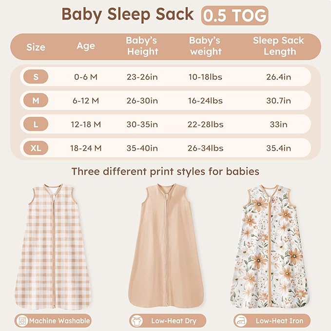 Baby Sleep Sack 0-6 Months Summer Sleep Sack 3 Pack 100% Cotton Baby Sleep Bag Wearable Blanket for Newborn Infant Orange Flowers & Plaid-CubbioJoy