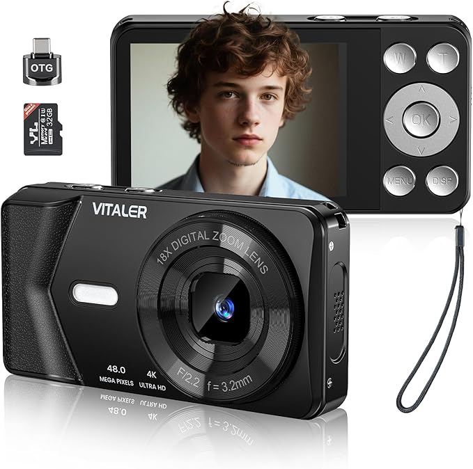 Digital Camera, Autofocus 48MP 4K Camera for Photography with 32GB Card, Portable Compact Point and Shoot Digital Camera for Teens Adult Beginner Kids with Metal Shell, 2000 mAh Battery-CubbioJoy