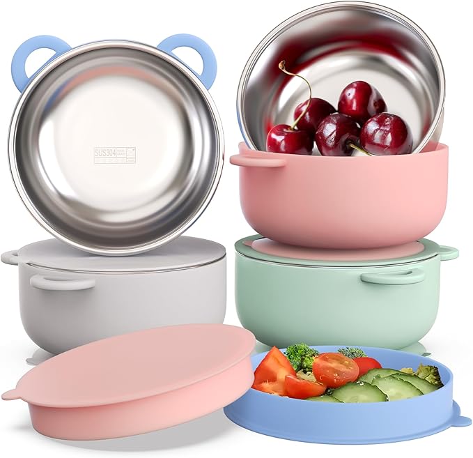 Baby Suction Bowls with Lids 4-Pack, 2-in-1 Stainless Steel 304 Toddler Bowl & Removable Silicone Suction Kids Bowl Plate Set Non Toxic Snack Dishes for Self-Feeding, Sunrise Meadow-CubbioJoy