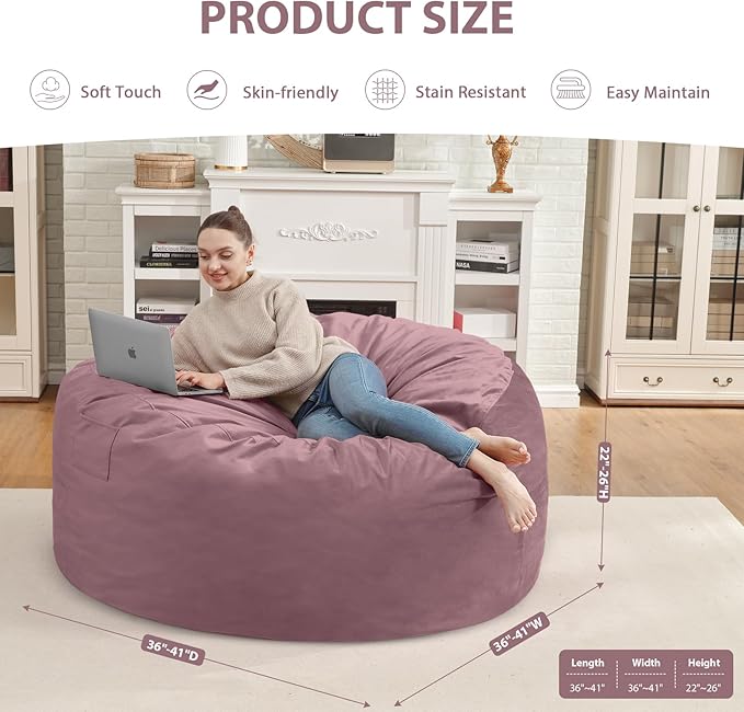 3FT Bean Bag Chair, Comfy Bean Bag Chairs with Memory Foam Filled, Fluffy Beanbag Sofa with Dutch Velvet Cover, Round BeanBag Chairs for Living Room, Playroom - Dusty Pink-CubbioJoy