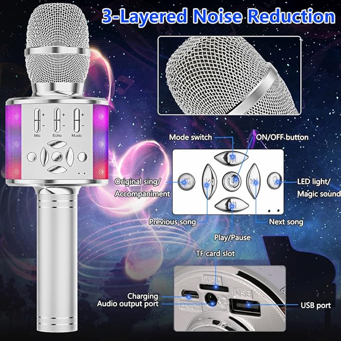 Amazmic Kids Karaoke Microphone Machine Toy Bluetooth Microphone Portable Wireless Karaoke Machine Handheld with LED Lights, Gift for Children Adults Birthday Party, Home KTV(Silver)-CubbioJoy