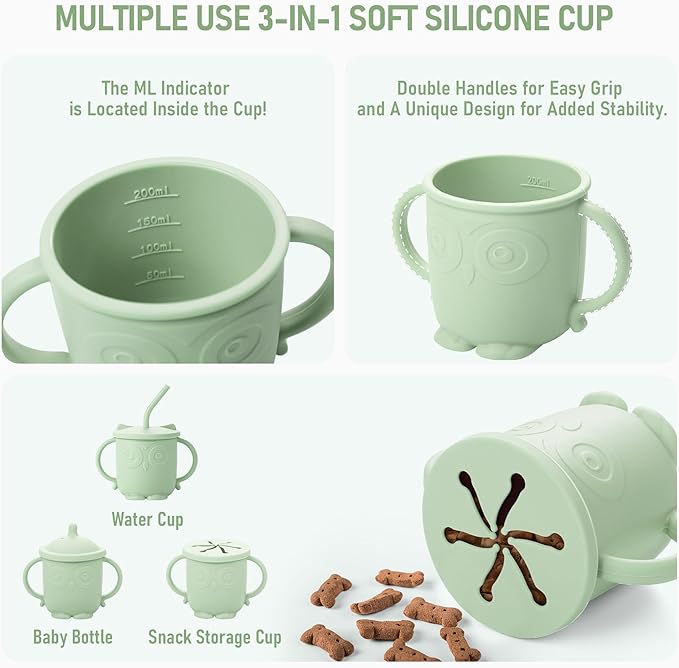 Baby Weaning Set, Silicone Feeding Set(10 Pcs), Toddler Set with Adjustable Bib, Suction Bowl, Plate, Fork, Spoon, Water & Snack Cup Kit, Led Kit for Babies, and Kids Green GJTZ-04-CubbioJoy