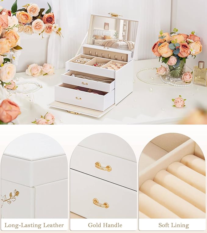Jewelry Box with Lock for Girls: Jewelry Organizer for Dresser - 3-Drawer Earrings Storage Girls Women Gift (White)-CubbioJoy
