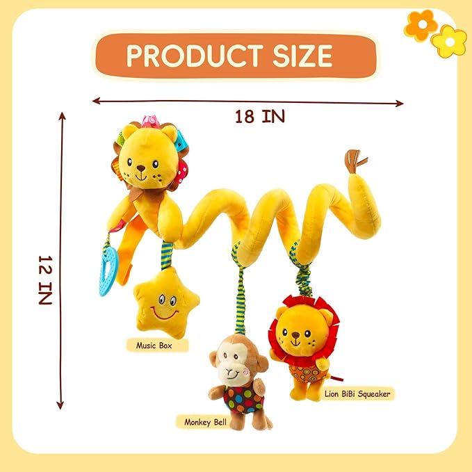 Jollybaby Crib Stroller Car Seat Toys for Baby 0-3-6-9-12 Months, Tummy Time Hanging Sensory Toys for Newborn with Music Box and Teether, Spiral Carseat Toy for Infant Boys Girls Gifts (Little Lion)-CubbioJoy