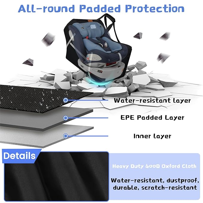 Infant Car Seat Travel Bag for Airplane Compatible with All Nuna Pipa Car Seat and Base,Chicco KeyFit 30 and Base, Padded Car Seat Bags for Air Travel,Car Seat Gate Check Bag with Side Pocket, Black-CubbioJoy