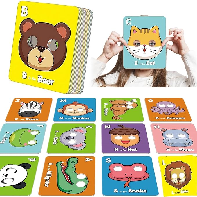 Alphabet Flash Cards,Giant ABC Animal Mask Flash Cards,with Animal Masks, Colorful Alphabet Mask Cards, Interactive Education Games (26pcs)-CubbioJoy