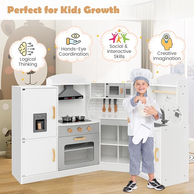Costzon Corner Kids Kitchen Playset, Wooden Play Kitchen with Sounds & Lights, Washing Machine, Range Hood, Ice Maker, Microwave, Oven, Sink, Pretend Toy Kitchen Set for Toddler, Gift for Boys Girls-CubbioJoy