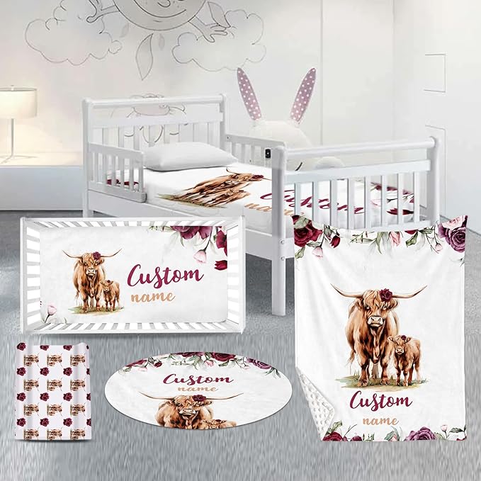 Custom Nursery Crib Bedding Set: Personalized Name 4 Piece Rose Highland Cow Design Baby Crib Sets for Girls - Toddler Double Layer Blanket Set, Comfortable Crib Bed Sheets for Baby Toddlers-CubbioJoy