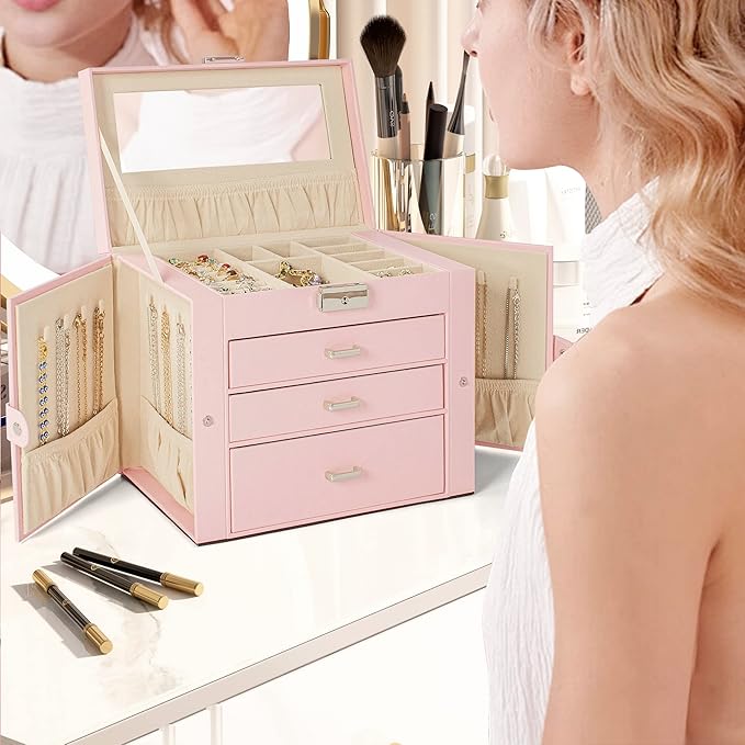 AKOZLIN 4-Tier Jewelry Box Lockable Leather Jewelry Storage Case Organizer with 3 Drawers for Women Girls Ring Necklace Earring Bracelet Watches Holder with Mirror Pink-CubbioJoy
