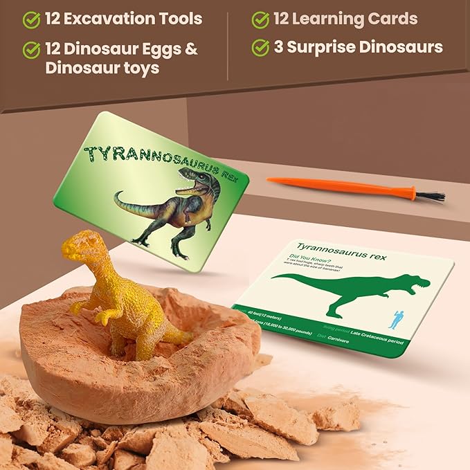 Dino Eggs Excavation Dig Kit-12 Unique Dinosaur Eggs with Educational Learning Cards -Easter Eggs STEM Science Activities - Educational Toy Gift for Kids Boys Girls Age 3+-CubbioJoy