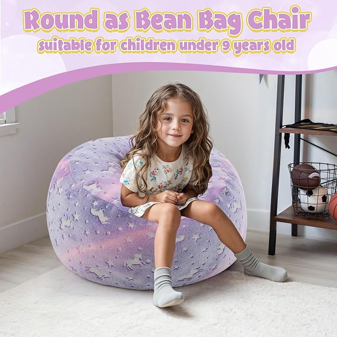 COMAX Kids Bean Bag Chair Turn into Beanbag Bed, Toddler Bean Chair for Girl Boy Sleeping, Lazy Children Bean Bags with Filler, Convertible Child Floor Mattress, Purple Unicorn-CubbioJoy