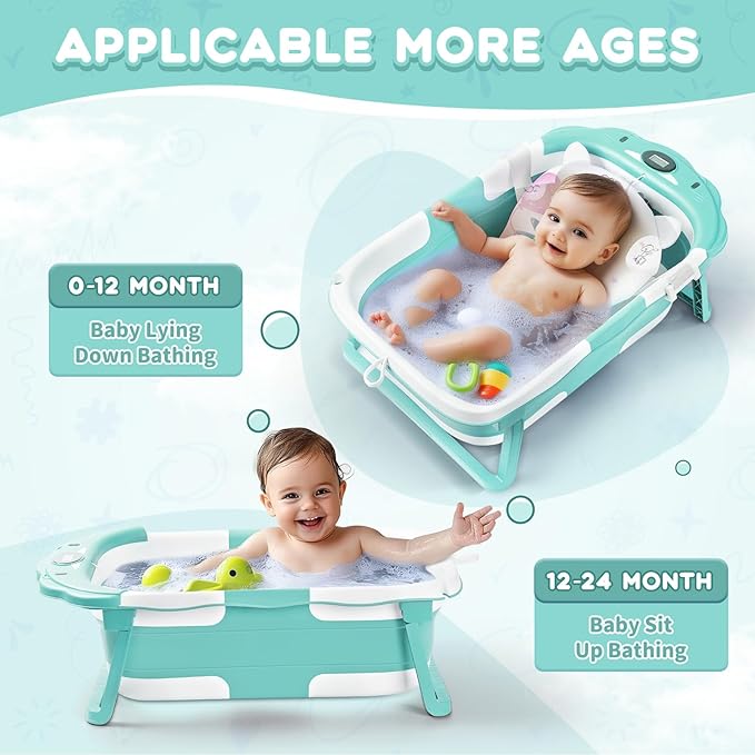 Baby Bathtub,Collapsible Baby Bath Tub with Thermometer & Soft Floating Cushion,Portable Travel Baby Bathtubs for Newborns to Toddlers 0-36 Months(Bear Green)-CubbioJoy