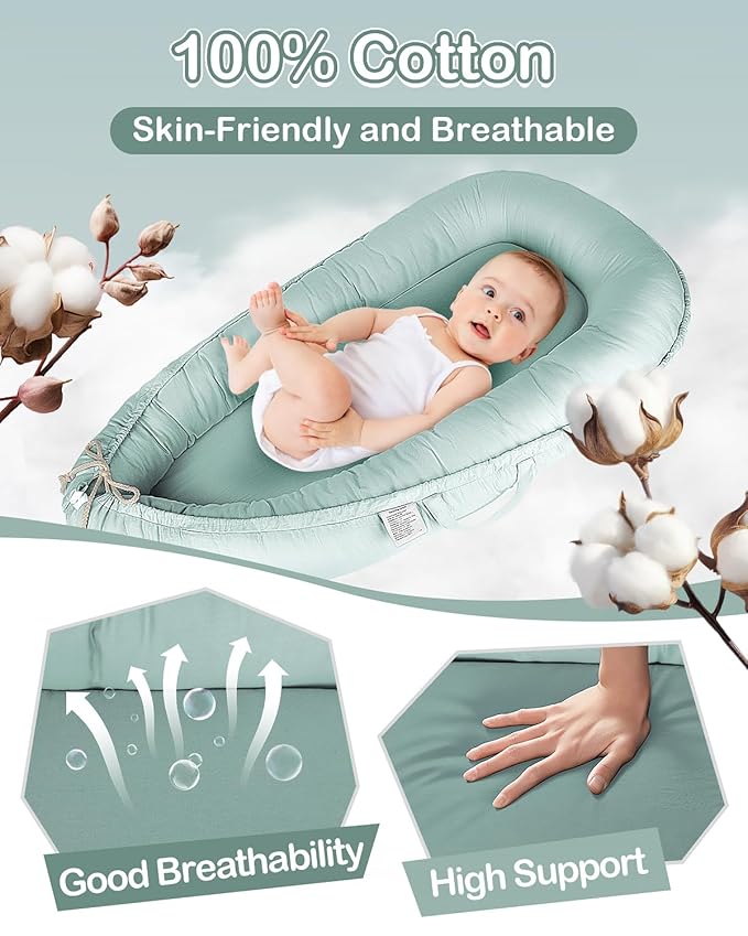 Baby Lounger - Infant Lounger for Newborn 0-24 Months, Pure Cotton Breathable Baby Nest Lounger Cover, Newborn Essentials for Baby Boys & Girls, Portable Baby Lounger for Home and Travel-CubbioJoy