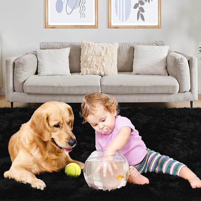 Black Rug, 4x5.8 Area Rugs for Living Room, Soft Plush Area Rugs for Bedroom, Non-Slip Indoor Carpet for Nursery, Study Room, Playroom-CubbioJoy