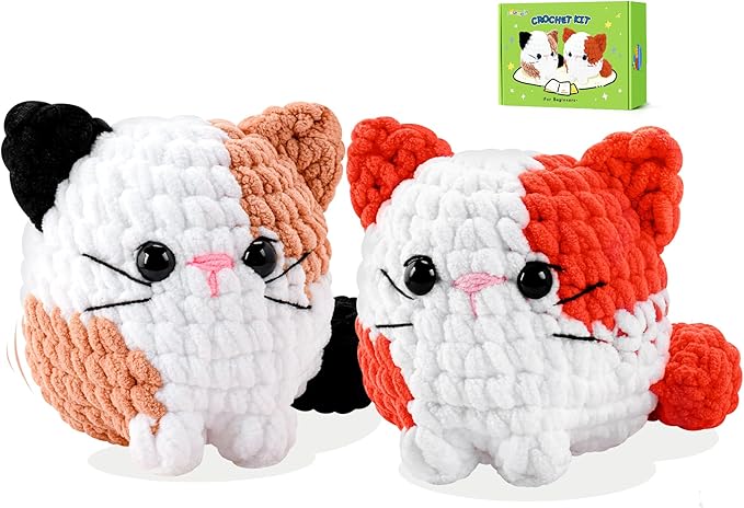 Cat Crochet Kit for Beginners-2PCS Calico Cats Crochet Kits for Adults Kids, Crochet Starter Kit with Step-by-Step Video Tutorials,Crochet Animal Kits Knitting Kit Learn to Crochet Kits-CubbioJoy