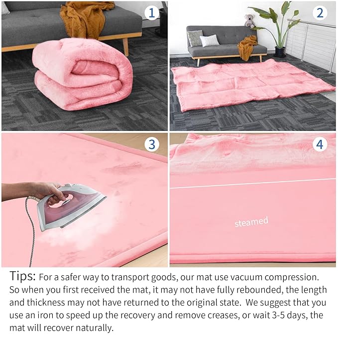 Baby Play Mat for Floor,1.3" Thick Elasti-Foam 74×50 Playpen Mat for Toddlers Infant kids,Water-Repellent Soft Coral Velvet for Tummy Time, Non-Slip Backing for Crawling,Tatami Style(Pink)-CubbioJoy