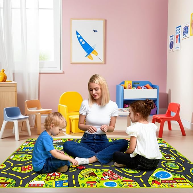 Car Rug 2.6x5 Feet, Car Mat for Kids Race Track Rug Road Play Mat with Roads City Map Design-CubbioJoy