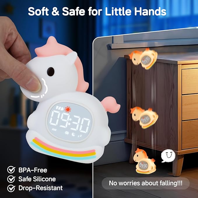 Cute Alarm Clock for Kids with Night Light, Sleep Training Clock Time to Wake Clock, Rechargeable Silicone Light for Bedroom, Perfect Sleep Companion for Boys Girls, Pink Pony-CubbioJoy