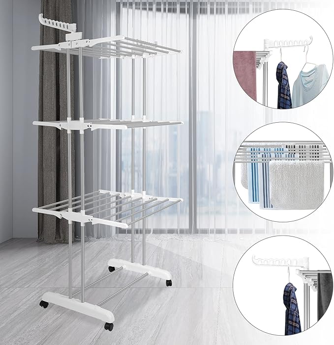 Bigzzia Clothes Drying Rack, Folding Stainless Steel Drying Rack Clothing Indoor Outdoor, Space-Saving, 4 Tier Laundry Drying Rack with Two Side Wings -Grey White-CubbioJoy