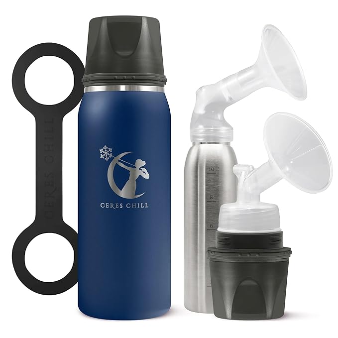 CERES CHILL OG Breastmilk Chiller, Reusable Storage Container, Up to 34 oz. - Bottle Cooler Keeps Milk at Safe Temperatures for Up to 20 Hours, Connects w/Most Pumps (Navy Blue)-CubbioJoy