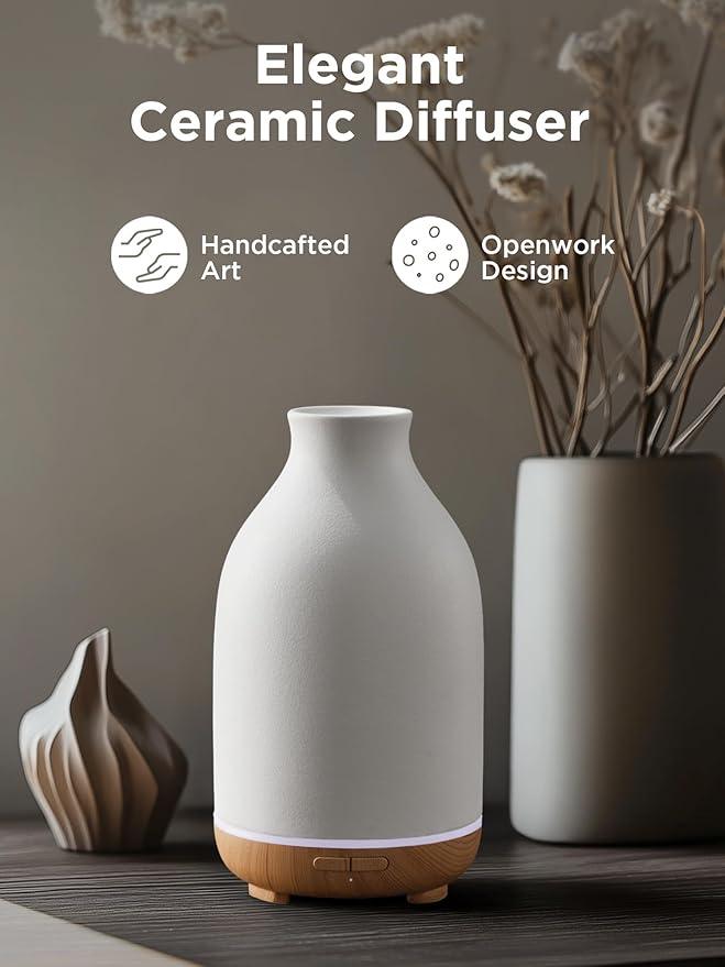 InnoGear Essential Oil Diffuser, 150ml Ceramic Stone Diffuser Handcrafted Aromatherapy Diffusers Ultrasonic Cool Mist Humidifier Vaporizor with 2 Mist Modes Waterless Auto Off for Room Office, White-CubbioJoy